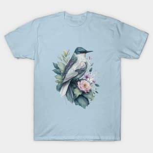 Little Bird around Flowers: Scattered Watercolor in Pastel Colors T-Shirt